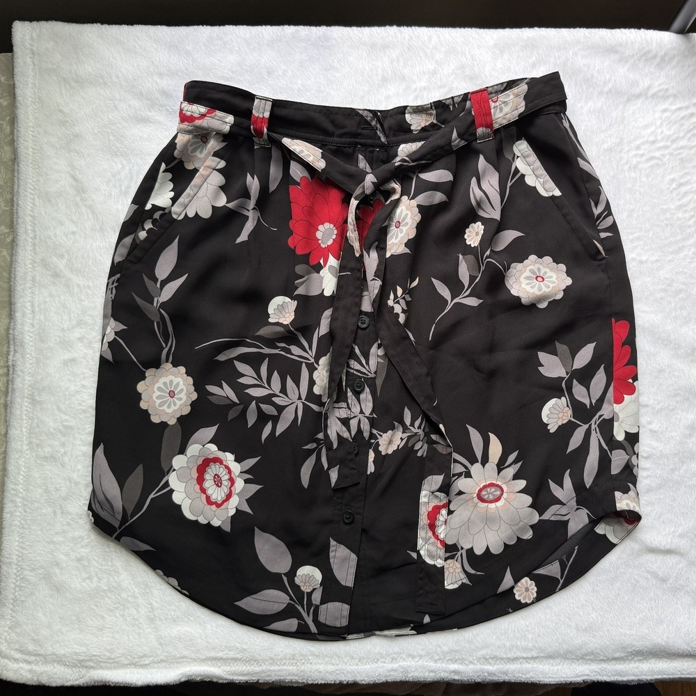 LOFT Floral Button Front Mini Skirt Black Red Grey Tie Waist Pockets Size S